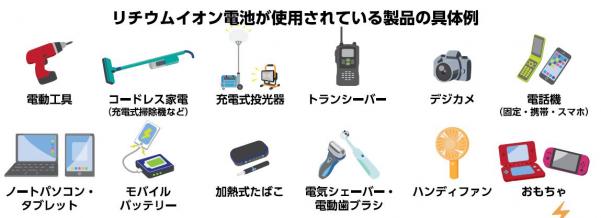 リチウムイオン電池使用具体例、電動工具、コードレス家電、充電式投光器、トランシーバー、デジカメ、電話機、ノートパソコン・タブレット、モバイルバッテリー、加熱式たばこ、電動シェーバー・電動歯ブラシ、ハンディファン、おもちゃのイラスト