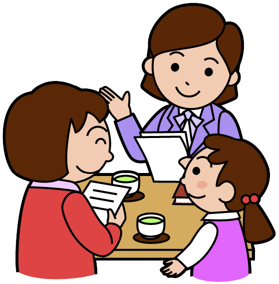 女性と女の子がテーブルを囲んで、相談員の方と話をしているイラスト