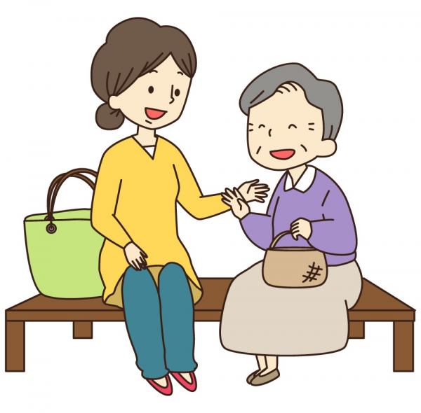ベンチに座って談話をしている女性2名のイラスト