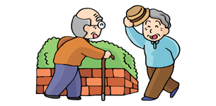 街中で出会った二人のご高齢の男性が、笑顔であいさつを交わしているイラスト