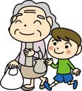 一緒にお買い物に出かけている高齢の女性と男の子のイラスト