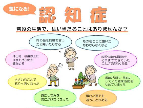 ご高齢の男女の絵と一緒に、認知症の始まりかどうかをチェックする8つのポイントが載った画像
