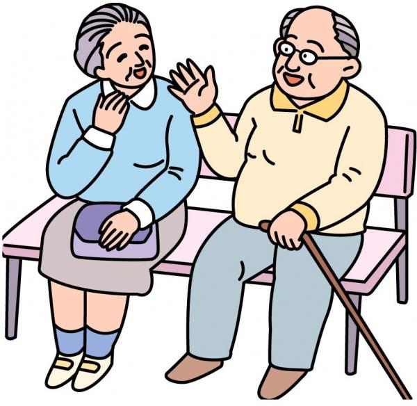 高齢の女性と男性が、ベンチに座って仲良くおしゃべりをしているイラスト