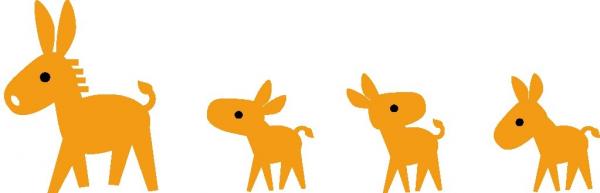 一列になって歩く4頭の可愛らしいロバのキャラバンを横から描いたイラスト