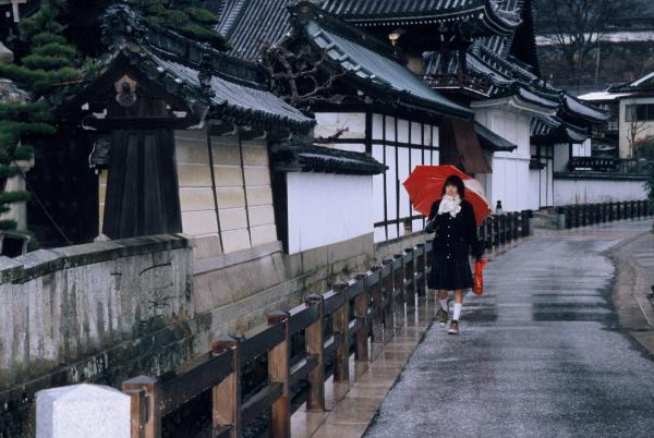 江戸時代の雰囲気を感じられるかわら屋根の建物のそばの道路を傘をさして歩く女性を前方から写した作品