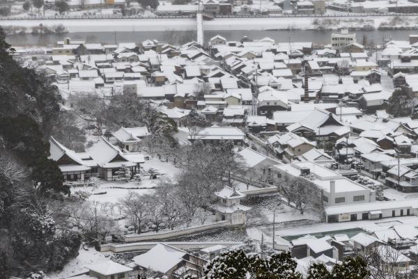 真っ白な雪が降り積もった龍野城の建物や密集したたくさんの住宅を高いところから写した作品