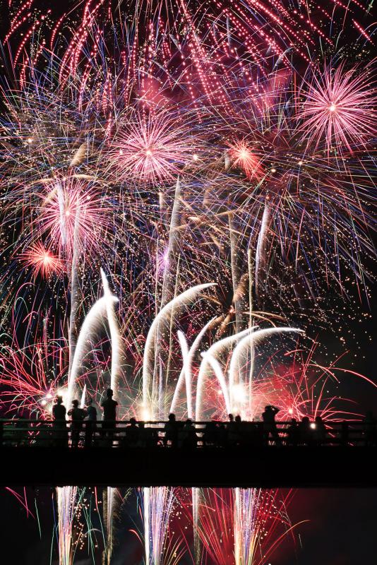 夜空に打ちあげられた色鮮やかなたくさんの花火と、その花火を橋のようなところから見る観客たちを写した作品