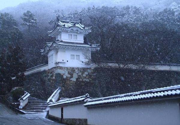 石垣の塀がある龍野城と、その塀にしんしんと降る雪を斜め下から写した作品