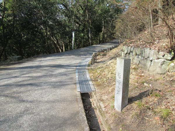 所々に葉の落ちた木々の生えている小道の脇に、文字の彫られた長方形の石碑がある写真