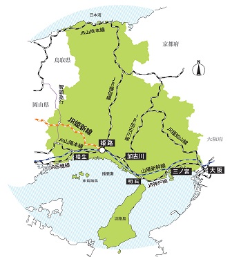 たつの市から主要都市までの路線が詳しく書かれた地図