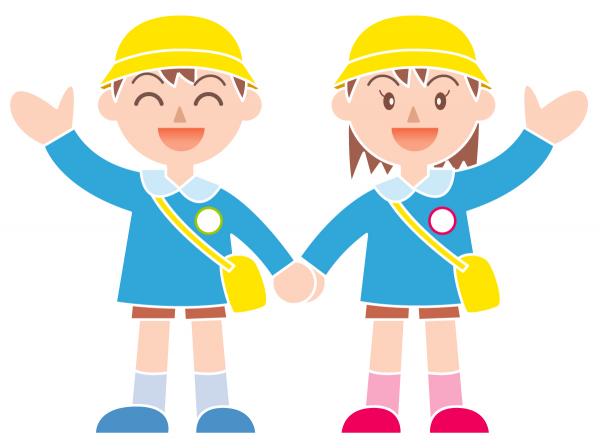手をつないだ園児の男の子と女の子が、もう片方の手をそれぞれ上にあげて笑顔であいさつをしているイラスト
