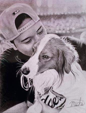 愛犬デコピンと戯れる大谷翔平選手の鉛筆画の写真