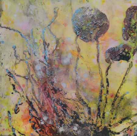 犬丸曉さんの作品。「根と梢」きのこから胞子が飛んでいる絵画の写真