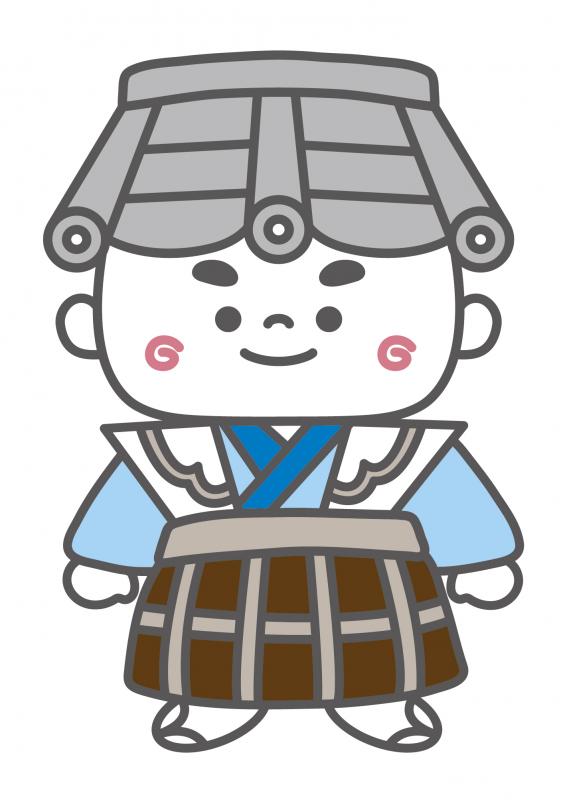 頭が瓦屋根のデザインになっている龍野伝統的建造物群保存地区PRキャラクター『まちやくん』のイラスト