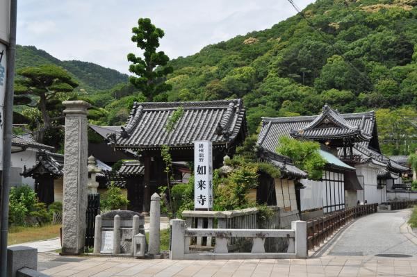 水路に沿って白壁で囲まれ、境内入り口に「播州龍野 如来寺」と書かれた看板が立つ如来寺の写真