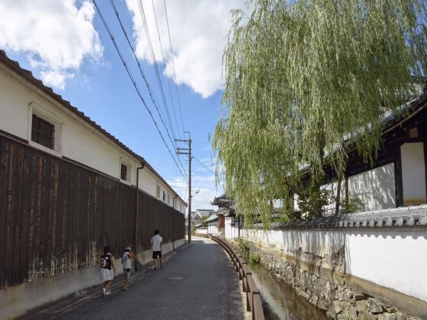 左側に背の高い塀が並び、右側には道路横に水が流れ建物の上からやなぎの枝が垂れ下がっている大手地区の写真