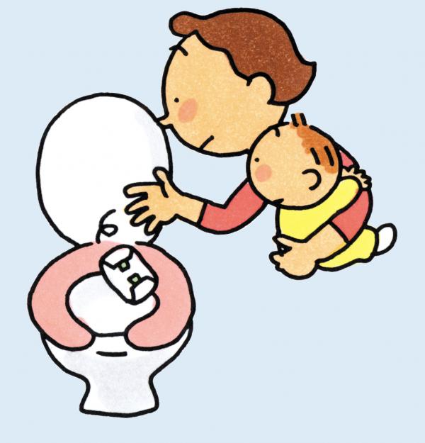 赤ちゃんを抱っこしたお母さんが、使用済みのおむつをトイレに流そうとしているイラスト