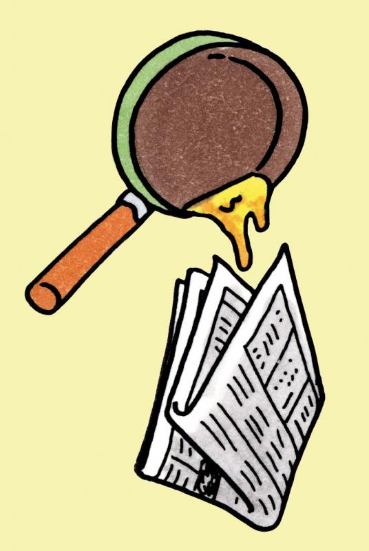 使用済みの油をフライパンから新聞紙に移して捨てようとしているイラスト