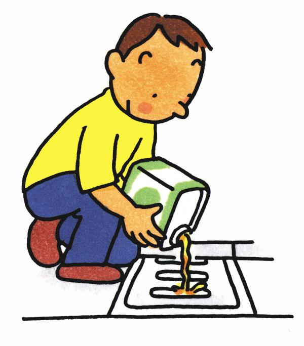 蓋のされた側溝のような場所に缶入りの油を注いでいる男性のイラスト