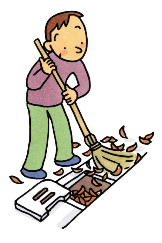 落ち葉の溜まった道路の側溝をホウキを使って掃除している男性のイラスト