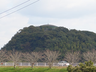 木々が鬱蒼と茂った小高い山の頂上に建つ、ドーム型の屋根が微かに見える揖保配水池を地上から撮影した写真