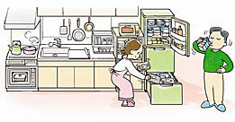 キッチンの置かれている冷蔵庫から食品を出す女性とその横で牛乳を飲む男の人のイラスト