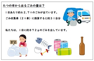 たつの市から出るごみの量は? 1日あたり66.4トンのごみが出ています。ごみ収集車(2トン車)に換算すると約33台分 私たちは、1日に約901グラムのごみを出しています。