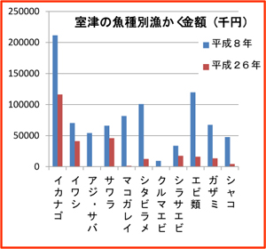 室津の魚種別漁かく金額グラフ