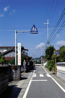 住宅街を通る細い道路にある横断歩道と、そのそばに設置された青い横断歩道の標識の写真
