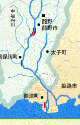 揖保川の畳堤のある箇所が赤色で示された流域マップ