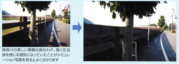 川と住宅地の間を通る道路に一本の木が立つ川沿いに設置された畳堤と、コンクリートを立ち上げただけの堤防を比較したシュミレーションの写真