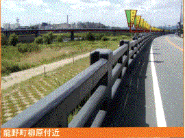 左奥に建物や揖保川にかかる橋が見える手前に、片側一車線の道路の川沿いに畳堤が設置された柳原付近の写真