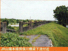 木が生え草が育った堤防に畳堤が設置された揖保川橋梁下流付近の写真