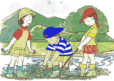 男の子が川の水の中に手を入れている隣で女の子が網を構えて待っている様子のイラスト