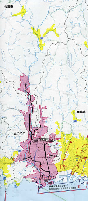 揖保川流域下水道が赤色に塗られた、たつの市近郊の地図