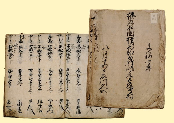 貴重な史料である山下家文書の表紙とめくったページを撮影した写真