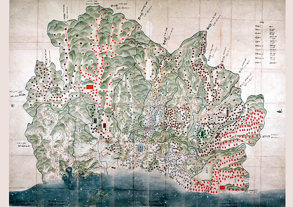大名の配置が色分けされており誰が領主かを分かりやすく描いた播磨国絵図の写真