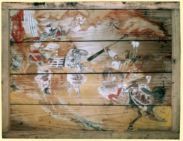 日吉神社に奉納してある1人の馬に乗った武将が敵軍に襲撃している絵が描かれた絵馬を撮影した写真