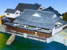 海に作られた船着き場がある本陣肥後屋模型の写真