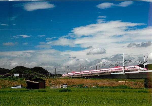 青空の下線路を走る紅白の新幹線と、その手前の田んぼに青々とした稲の絨毯が映っている写真