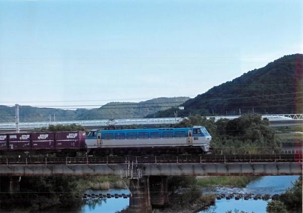 川を挟んで建てられた2つの鉄道橋を走っている手前の貨物列車と奥の新幹線を撮影した写真