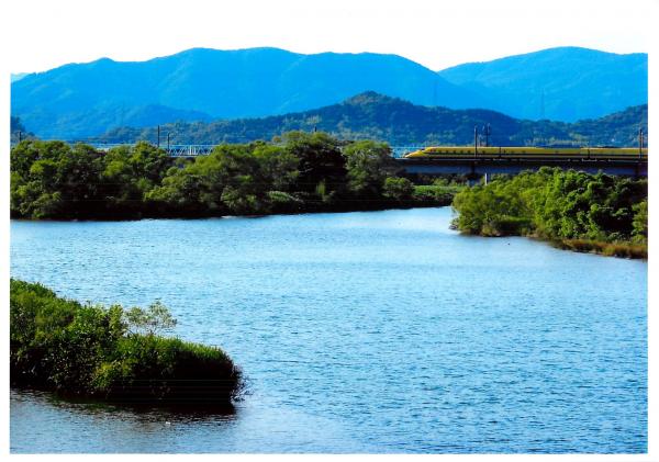 太陽光で青く光る河川の奥の橋の上を走っている黄色い新幹線を撮影した写真