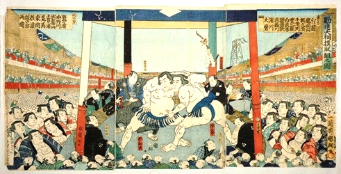 観客が見ている中で2人の力士が取組みを行っている勧進大相撲取組之図