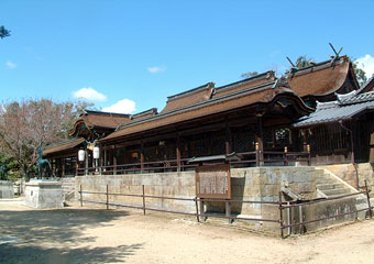 青空の下、茶色の屋根の拝殿を右斜めから撮影した賀茂神社の写真