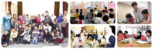 左:外国人の方と参加した子供たちが集まっている集合写真、 中央上:長机の席に座っている子供たちが、壁に貼られた大きな模造紙に描かれたイラストを見ている写真、 右上:2人の男の子と女の子が、間に立つ女性に教わりながら工作を行っている写真、 中央下:調理台の周りに三角巾を巻きエプロンをつけた子供たちが、頭に布を被った女性から教わっている調理実習の様子の写真、 右下:長机に2人ずつ座っている4人の女の子が、赤い折り紙で作った工作物をカメラに向かって見せている写真