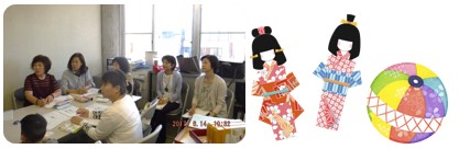 左:テーブルの周りに置かれたパイプ椅子に集まった参加者が座り話を聞いている様子の写真、 右:髪の毛の結び方や着物が違う2体の人形と手毬のイラスト