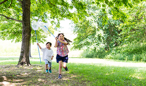 森の中で虫取りをして遊ぶ男の子と女の子の写真。虫取り網を片手に笑顔で走っている。