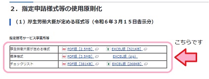 厚生労働省ホームページ内の指定居宅サービス事業所等の様式がまとめられている箇所の画像