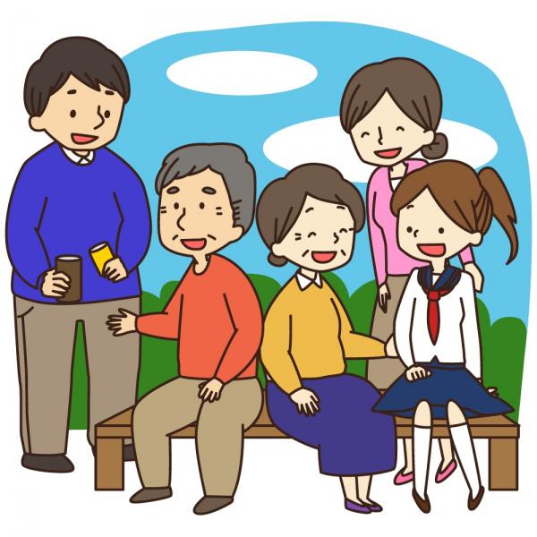 家族5名が集合しているイラスト