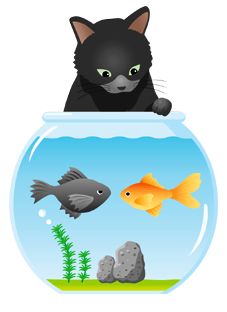 金魚鉢の金魚と黒猫のイラスト